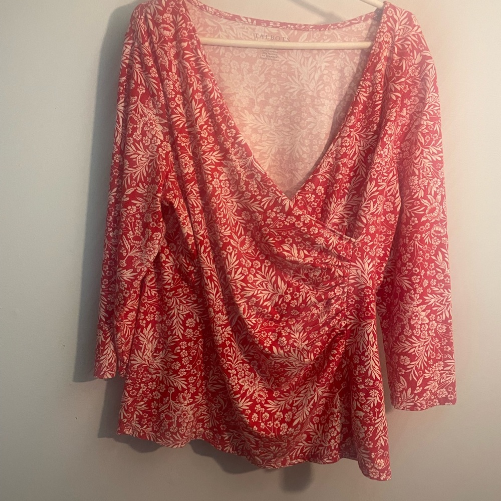 Talbots Red and White Floral Wrap Blouse